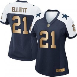 Cowboys #21 Ezekiel Elliott Navy Blue Thanksgiving Throwback Women's Stitched NFL Elite Gold Jersey