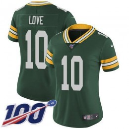 Packers #10 Jordan Love Green Team Color Women's Stitched NFL 100th Season Vapor Untouchable Limited Jersey