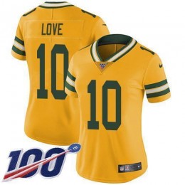 Packers #10 Jordan Love Yellow Women's Stitched NFL Limited Rush 100th Season Jersey