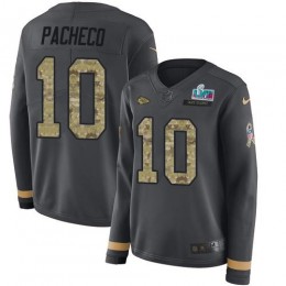 Chiefs #10 Isiah Pacheco Anthracite Salute To Service Super Bowl LVII Patch Women's Stitched NFL Limited Therma Long Sleeve Jersey