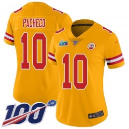 Chiefs #10 Isiah Pacheco Gold Super Bowl LVII Patch Women's Stitched NFL Limited Inverted Legend 100th Season Jersey