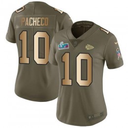 Chiefs #10 Isiah Pacheco Olive/Gold Super Bowl LVII Patch Women's Stitched NFL Limited 2017 Salute To Service Jersey