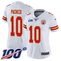 Chiefs #10 Isiah Pacheco White Super Bowl LVII Patch Women's Stitched NFL 100th Season Vapor Limited Jersey