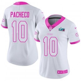 Chiefs #10 Isiah Pacheco White/Pink Super Bowl LVII Patch Women's Stitched NFL Limited Rush Fashion Jersey