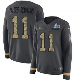 Chiefs #11 Marquez Valdes-Scantling Anthracite Salute To Service Super Bowl LVII Patch Women's Stitched NFL Limited Therma Long Sleeve Jersey