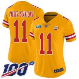 Chiefs #11 Marquez Valdes-Scantling Gold Super Bowl LVII Patch Women's Stitched NFL Limited Inverted Legend 100th Season Jersey