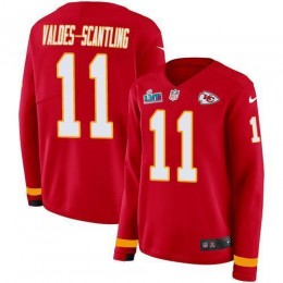 Chiefs #11 Marquez Valdes-Scantling Red Team Color Super Bowl LVII Patch Women's Stitched NFL Limited Therma Long Sleeve Jersey