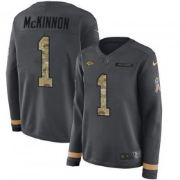 Chiefs #1 Jerick McKinnon Anthracite Salute To Service Women's Stitched NFL Limited Therma Long Sleeve Jersey