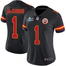 Chiefs #1 Jerick McKinnon Black Super Bowl LVII Patch Women's Stitched NFL Limited Rush Jersey