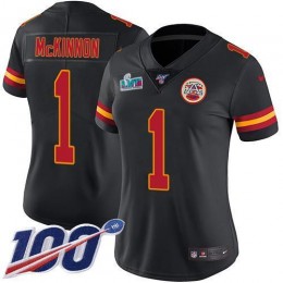 Chiefs #1 Jerick McKinnon Black Super Bowl LVII Patch Women's Stitched NFL Limited Rush 100th Season Jersey