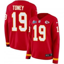 Chiefs #19 Kadarius Toney Red Team Color Super Bowl LVII Patch Women's Stitched NFL Limited Therma Long Sleeve Jersey