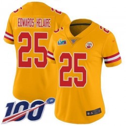 Chiefs #25 Clyde Edwards-Helaire Gold Super Bowl LVII Patch Women's Stitched NFL Limited Inverted Legend 100th Season Jersey