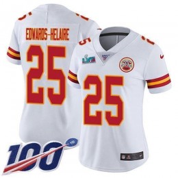 Chiefs #25 Clyde Edwards-Helaire White Super Bowl LVII Patch Women's Stitched NFL 100th Season Vapor Limited Jersey