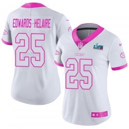 Chiefs #25 Clyde Edwards-Helaire White/Pink Super Bowl LVII Patch Women's Stitched NFL Limited Rush Fashion Jersey