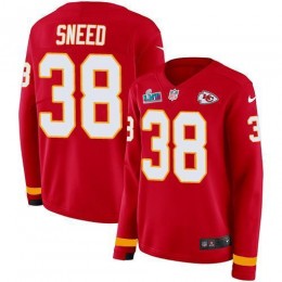 Chiefs #38 L'Jarius Sneed Red Team Color Super Bowl LVII Patch Women's Stitched NFL Limited Therma Long Sleeve Jersey