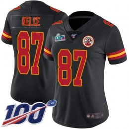 Chiefs #87 Travis Kelce Black Super Bowl LVII Patch Women's Stitched NFL Limited Rush 100th Season Jersey