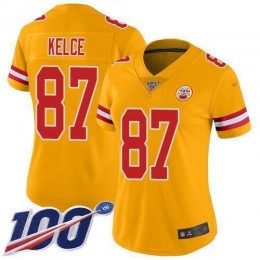 Chiefs #87 Travis Kelce Gold Women's Stitched NFL Limited Inverted Legend 100th Season Jersey