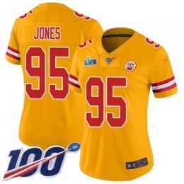 Chiefs #95 Chris Jones Gold Super Bowl LVII Patch Women's Stitched NFL Limited Inverted Legend 100th Season Jersey