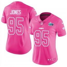 Chiefs #95 Chris Jones Pink Super Bowl LVII Patch Women's Stitched NFL Limited Rush Fashion Jersey