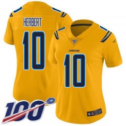 Chargers #10 Justin Herbert Gold Women's Stitched NFL Limited Inverted Legend 100th Season Jersey