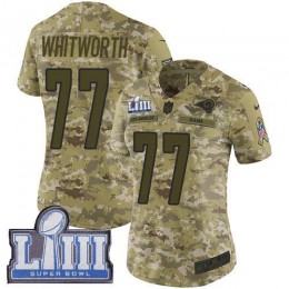 Los Angeles Rams #77 Andrew Whitworth Camo Super Bowl LIII Bound Women's Stitched NFL Limited 2018 Salute to Service Jersey
