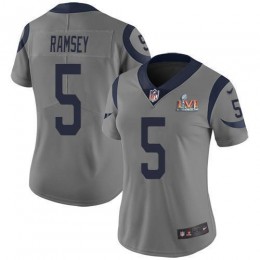 Rams #5 Jalen Ramsey Gray Super Bowl LVI Patch Women's Stitched NFL Limited Inverted Legend Jersey