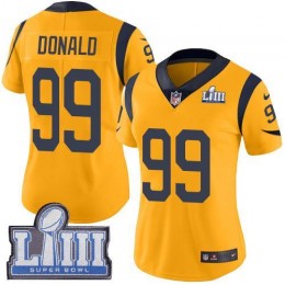 Rams #99 Aaron Donald Gold Super Bowl LIII Bound Women's Stitched NFL Limited Rush Jersey