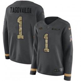 Dolphins #1 Tua Tagovailoa Anthracite Salute To Service Women's Stitched NFL Limited Therma Long Sleeve Jersey