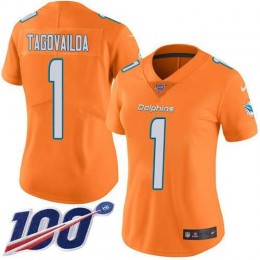 Dolphins #1 Tua Tagovailoa Orangen Women's Stitched NFL Limited Rush 100th Season Jersey