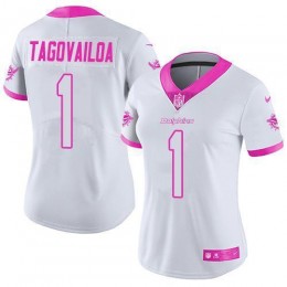 Dolphins #1 Tua Tagovailoa White/Pink Women's Stitched NFL Limited Rush Fashion Jersey