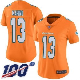 Dolphins #13 Dan Marino Orange Women's Stitched NFL Limited Rush 100th Season Jersey