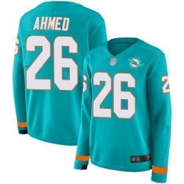 Miami Dolphins #26 Salvon Ahmed Aqua Green Team Color Women's Stitched NFL Limited Therma Long Sleeve Jersey
