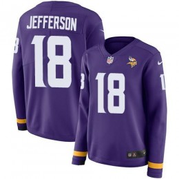Vikings #18 Justin Jefferson Purple Team Color Women's Stitched NFL Limited Therma Long Sleeve Jersey