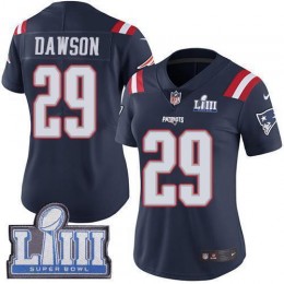 New England Patriots #29 Duke Dawson Navy Blue Super Bowl LIII Bound Women's Stitched NFL Limited Rush Jersey