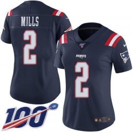 Patriots #2 Jalen Mills Navy Blue Women's Stitched NFL Limited Rush 100th Season Jersey