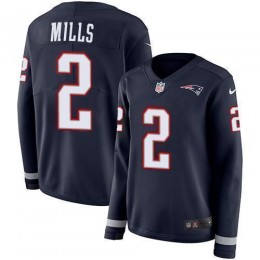 Patriots #2 Jalen Mills Navy Blue Team Color Women's Stitched NFL Limited Therma Long Sleeve Jersey