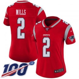 Patriots #2 Jalen Mills Red Women's Stitched NFL Limited Inverted Legend 100th Season Jersey