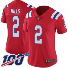Patriots #2 Jalen Mills Red Alternate Women's Stitched NFL 100th Season Vapor Limited Jersey