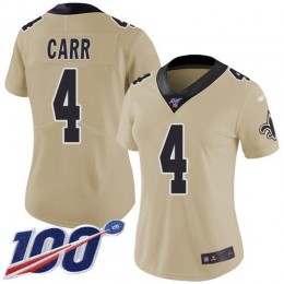 Saints #4 Derek Carr Gold Women's Stitched NFL Limited Inverted Legend 100th Season Jersey