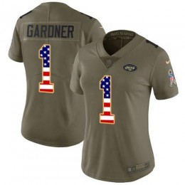 Jets #1 Ahmad Sauce Gardner Olive/USA Flag Women's Stitched NFL Limited 2017 Salute To Service Jersey