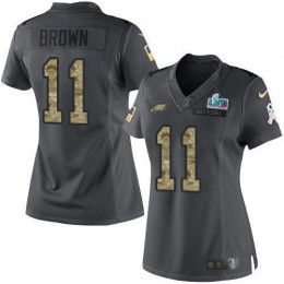 Eagles #11 A.J. Brown Black Super Bowl LVII Patch Women's Stitched NFL Limited 2016 Salute To Service Jersey