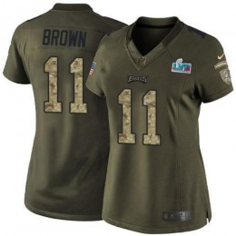 Eagles #11 A.J. Brown Green Super Bowl LVII Patch Women's Stitched NFL Limited 2015 Salute To Service Jersey
