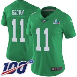 Eagles #11 A.J. Brown Green Super Bowl LVII Patch Women's Stitched NFL Limited Rush 100th Season Jersey