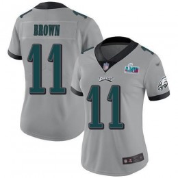 Eagles #11 A.J. Brown Silver Super Bowl LVII Patch Women's Stitched NFL Limited Inverted Legend Jersey