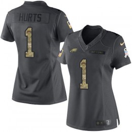 Eagles #1 Jalen Hurts Black Women's Stitched NFL Limited 2016 Salute To Service Jersey