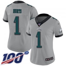 Eagles #1 Jalen Hurts Silver Women's Stitched NFL Limited Inverted Legend 100th Season Jersey