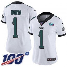 Eagles #1 Jalen Hurts White Super Bowl LVII Patch Women's Stitched NFL 100th Season Vapor Limited Jersey
