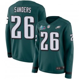 Eagles #26 Miles Sanders Green Super Bowl LVII Patch Team Color Women's Stitched NFL Limited Therma Long Sleeve Jersey