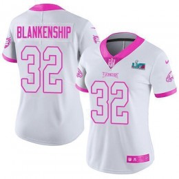 Eagles #32 Reed Blankenship White/Pink Super Bowl LVII Patch Women's Stitched NFL Limited Rush Fashion Jersey