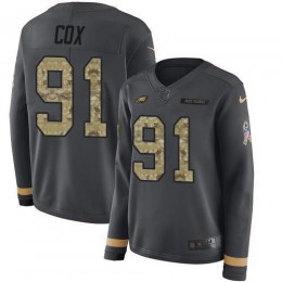 Philadelphia Eagles #91 Fletcher Cox Anthracite Salute to Service Women's Stitched NFL Limited Therma Long Sleeve Jersey